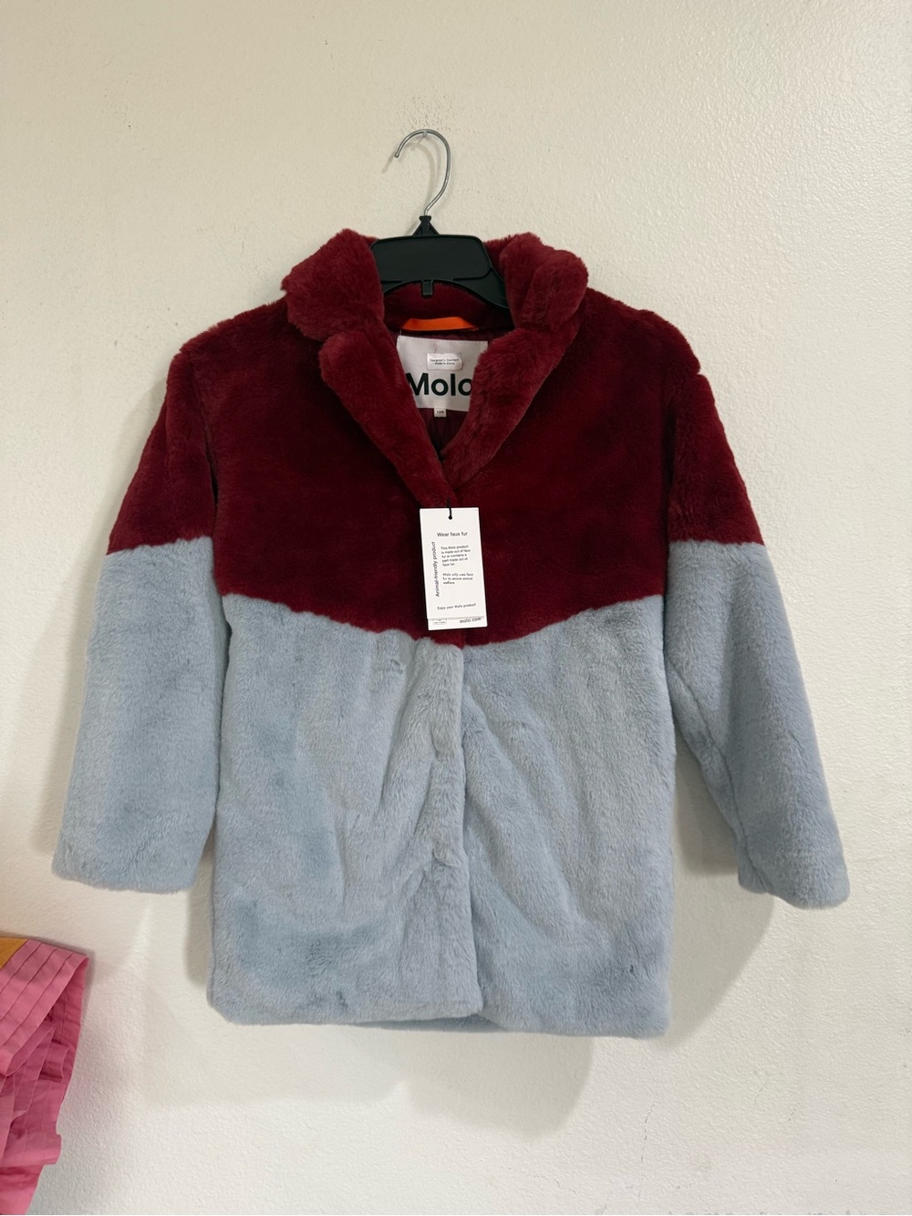 NWT Molo Girls Faux Fur Colorblock Mid-Length Coat Collared Size S